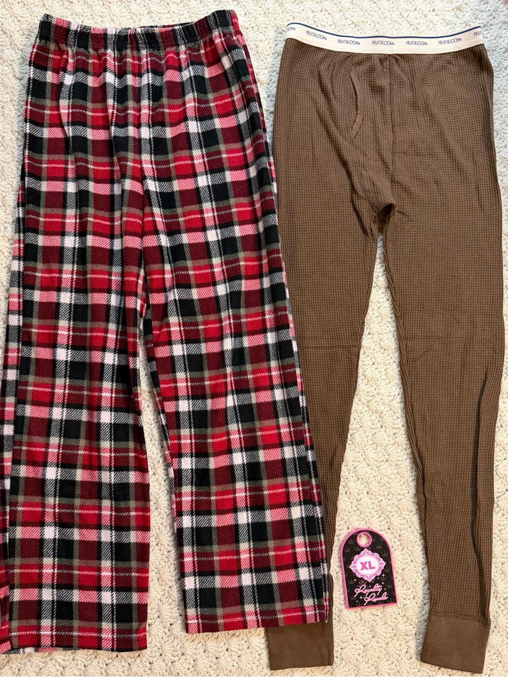 Faded Glory Kids Red & Black Plaid Pajama Pants with Brown Thermal Bottoms